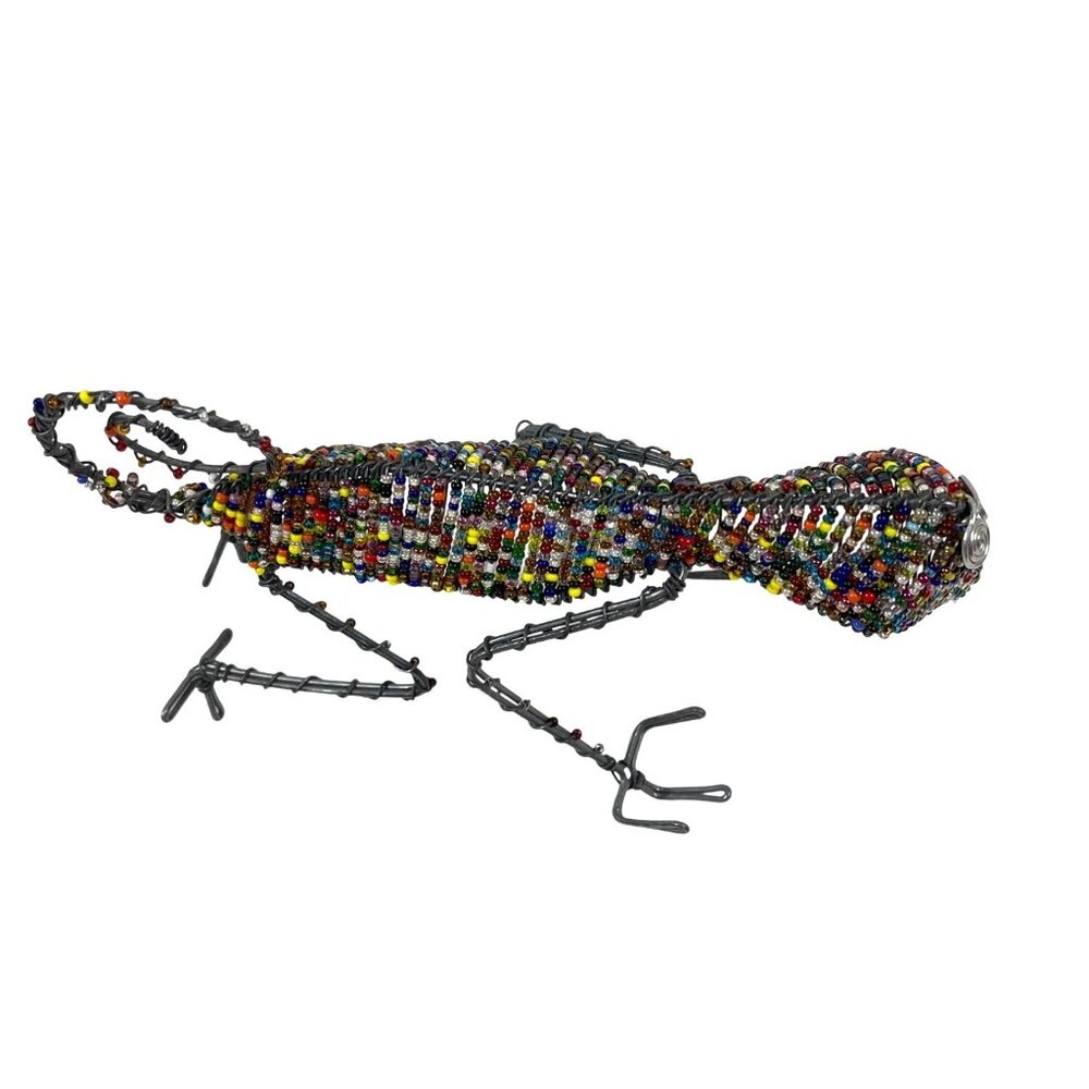 South Africa Handmade Glass Bead Wire Chameleon Lizard Card Pen Holder Vintage - Picture 6 of 10